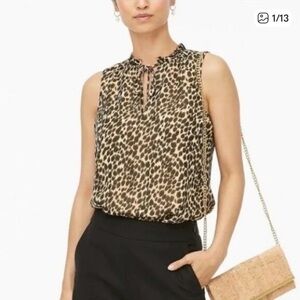 J Crew Leopard Print Tie Neck with Ruffle Collar Sleeveless Tank